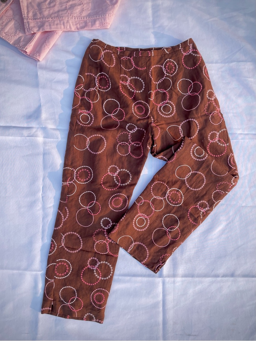 Sharon Young Brown Pants with Pink Embroidered Circles size 0P